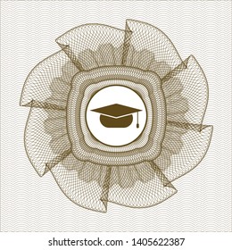 Brown passport rosette with graduation cap icon inside
