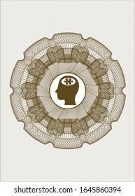 Brown passport rosette with head with jigsaw puzzle piece icon inside