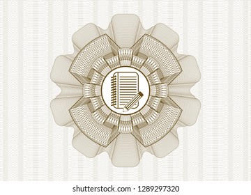 Brown passport rosette with notebook with pencil icon inside