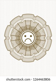 Brown passport rosette with sad face icon inside