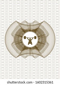 Brown passport rosette with snatch, weightlifting icon inside