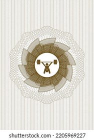 Brown passport rosette. with snatch, weightlifting icon inside