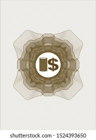 Brown passport rosette with stack of coins icon inside