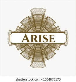 Brown passport rosette with text Arise inside