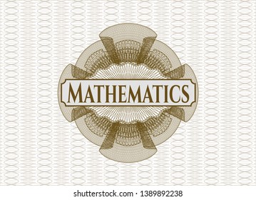 Brown passport rosette with text Mathematics inside