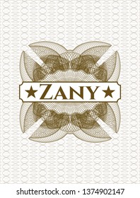 Brown passport rosette with text Zany inside