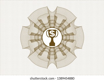Brown passport rosette with trophy with money symbol inside icon inside