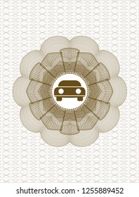 Brown passport style rosette with car seen from front icon inside