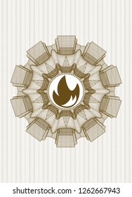 Brown passport style rosette with fire icon inside