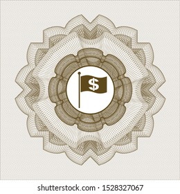 Brown passport style rosette with flag with money symbol inside icon inside