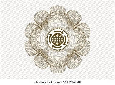 Brown passport style rosette with globalization icon inside