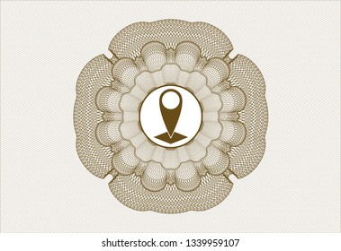 Brown passport style rosette with map pointer icon inside