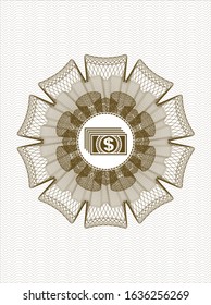 Brown passport style rosette with money icon inside