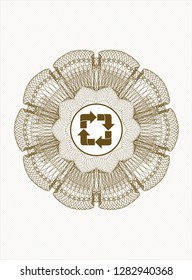 Brown passport style rosette with recycle icon inside