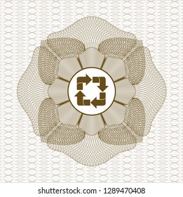 Brown passport style rosette with recycle icon inside