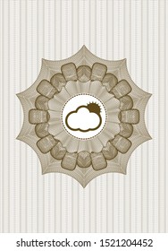 Brown passport style rosette with sun behind cloud icon inside