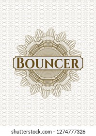 Brown passport style rosette with text Bouncer inside