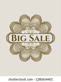 Brown passport style rosette with text Big Sale inside