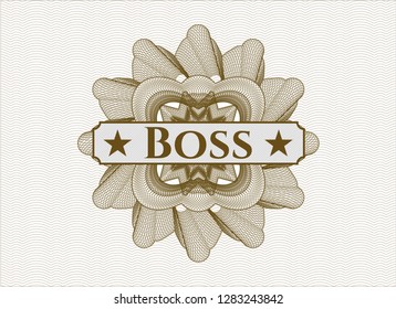 Brown passport style rosette with text Boss inside