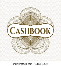 Brown passport style rosette with text Cashbook inside