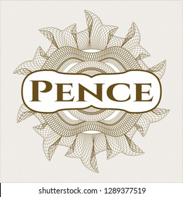 Brown passport style rosette with text Pence inside