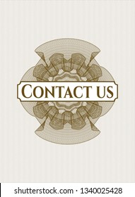 Brown passport style rosette with text Contact us inside