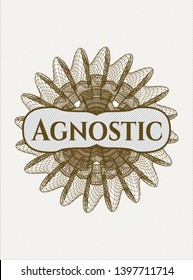 Brown passport style rosette with text Agnostic inside