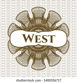 Brown passport style rosette with text West inside