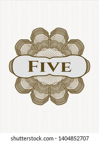 Brown passport style rosette with text Five inside