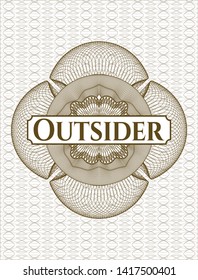 Brown passport style rosette with text Outsider inside