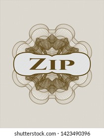 Brown passport style rosette with text Zip  inside