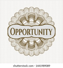 Brown passport style rosette with text Opportunity inside