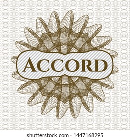 Brown passport style rosette with text Accord inside
