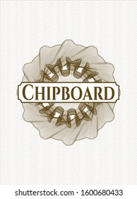 Brown passport style rosette with text Chipboard inside