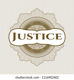 Brown passport style rossete with text Justice inside