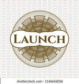 Brown passport style rossete with text Launch inside