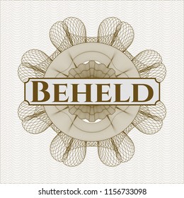Brown passport style rossete with text Beheld inside