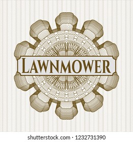 Brown passport style rossete with text Lawnmower inside