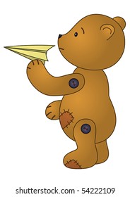 Brown patched teddy-bear standing and holding in a hand paper toy plane r