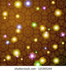Brown pattern background with colorful lights. Vector illustration for your holiday design. Wallpaper for party presentation. Cheerful, bright and magic background.