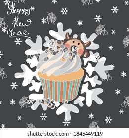 Brown pattern card with bull and inscription 'Happy New Year'.
