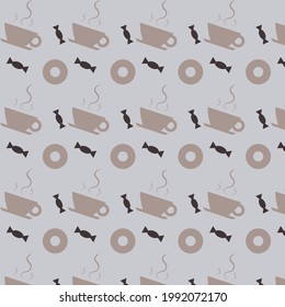 Brown pattern with coffee cup, bagel and chocolates