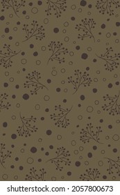 Brown pattern in doodle style, vintage mood. Autumn vector with circle shapes and floral branches, cluster, dry flowers, berries, prod. Nature, eco brand, botanical, zero waste, vegan, natural 