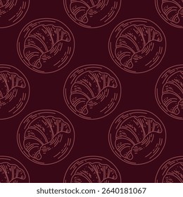 Brown pattern, sketch of coffee elements in the sketch style. Drawing smooth lines of hot drinks, cake, croissant for the cafe menu.