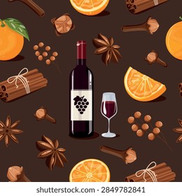 brown patterned background featuring aromatic spices, a bottle of red wine, and juicy oranges of various shapes for making aromatic mulled wine