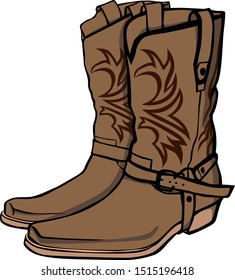 Brown patterned cowboy boots. Stylized isolated vector color image.