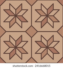 Brown pavement top view pattern, street cobblestone, garden sidewalk tile surface with contrasting hues. Vector laminate flooring, alley path, ground layout with decorative stars or flowers inlay