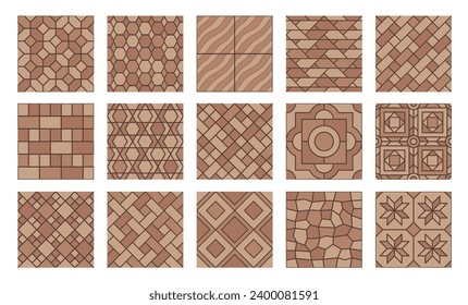 Brown pavement top view patterns, street cobblestone and garden sidewalk tiles, seamless vector. Stone bricks pavement patterns of terracotta tiles with mosaic cubic and geometric floral pattern