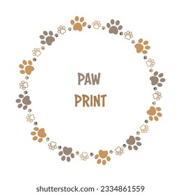 Brown paw circle frame with dog animal footprints, vector illustration