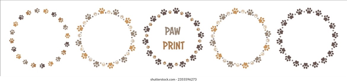 Brown paw circle frame set with dog animal footprints, vector illustration	